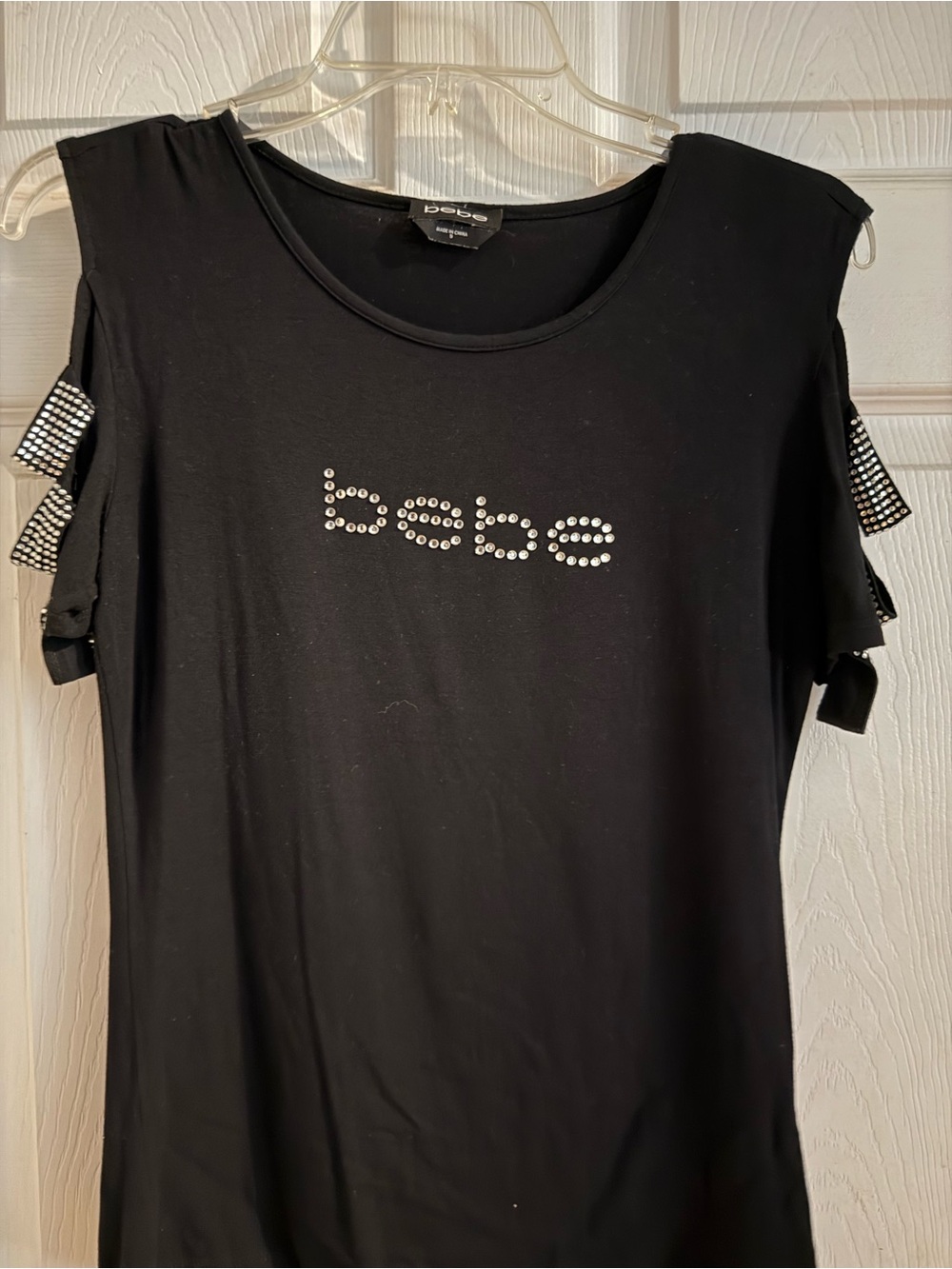 bebe Black Rhinestone Logo Cold-Shoulder Tee with Embellished Straps